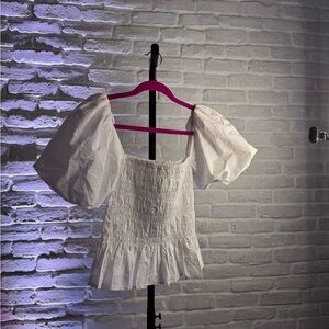 White Smocked Puff Sleeve Blouse
